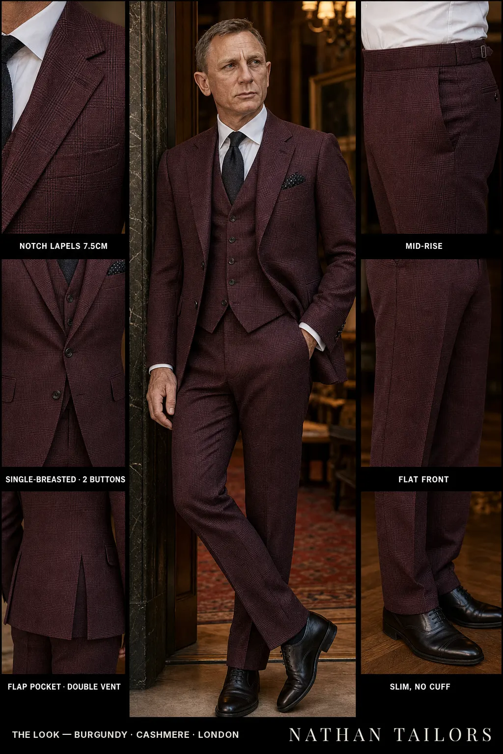 burgundy glen plaid single-breasted notch-lapel bespoke suit โ AI-rendered by Nathan Tailors, the Hoi An custom tailor. Available as a custom tailored suit from $149.