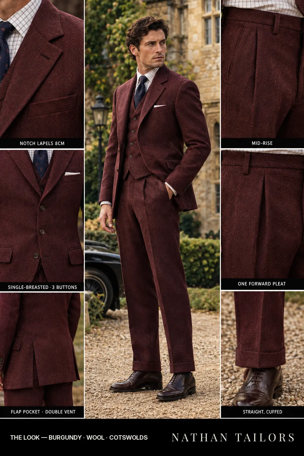 burgundy herringbone single-breasted bespoke suit โ custom tailored by Nathan Tailors, the Hoi An custom tailor