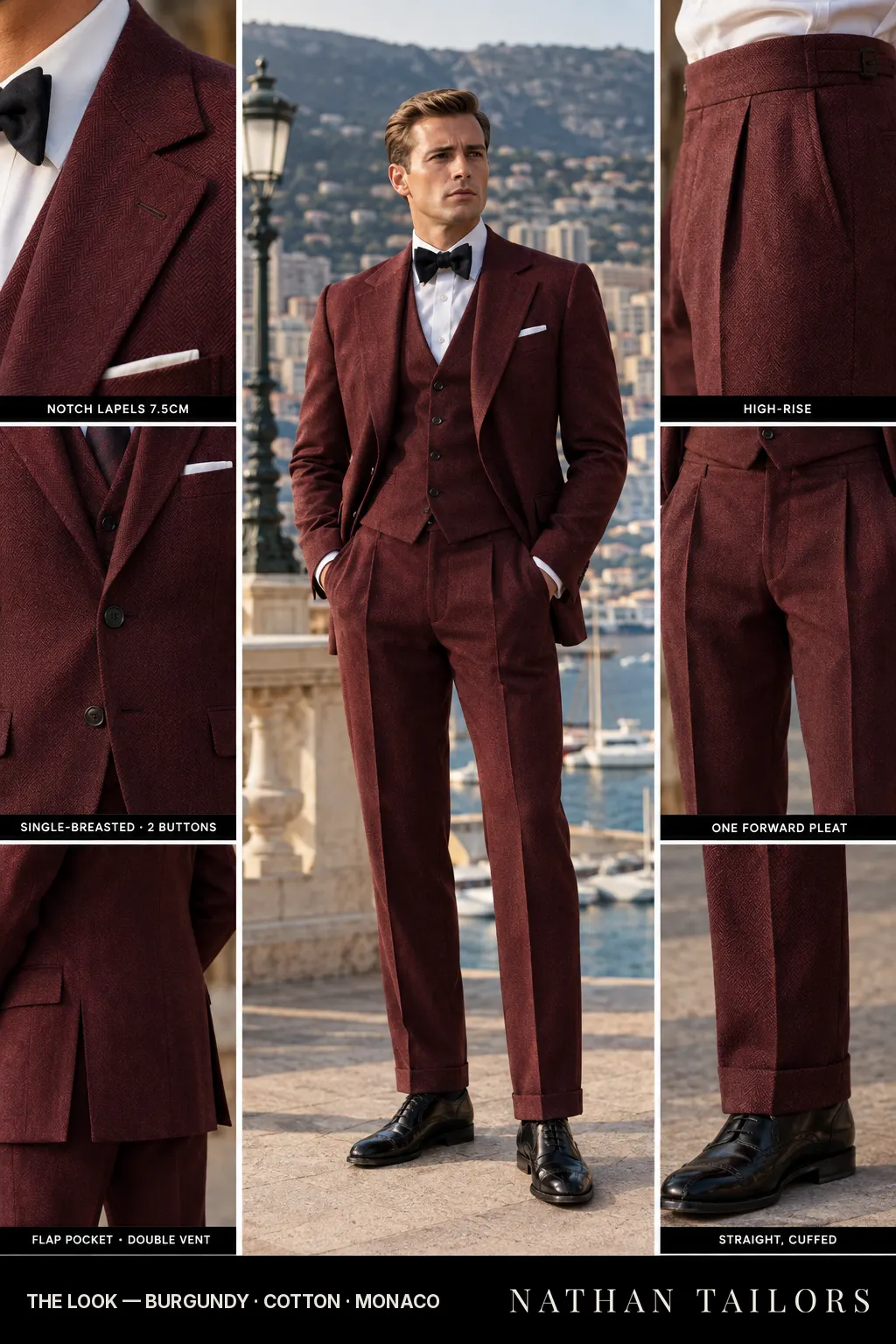 burgundy herringbone single-breasted bespoke suit โ custom tailored by Nathan Tailors, the Hoi An custom tailor