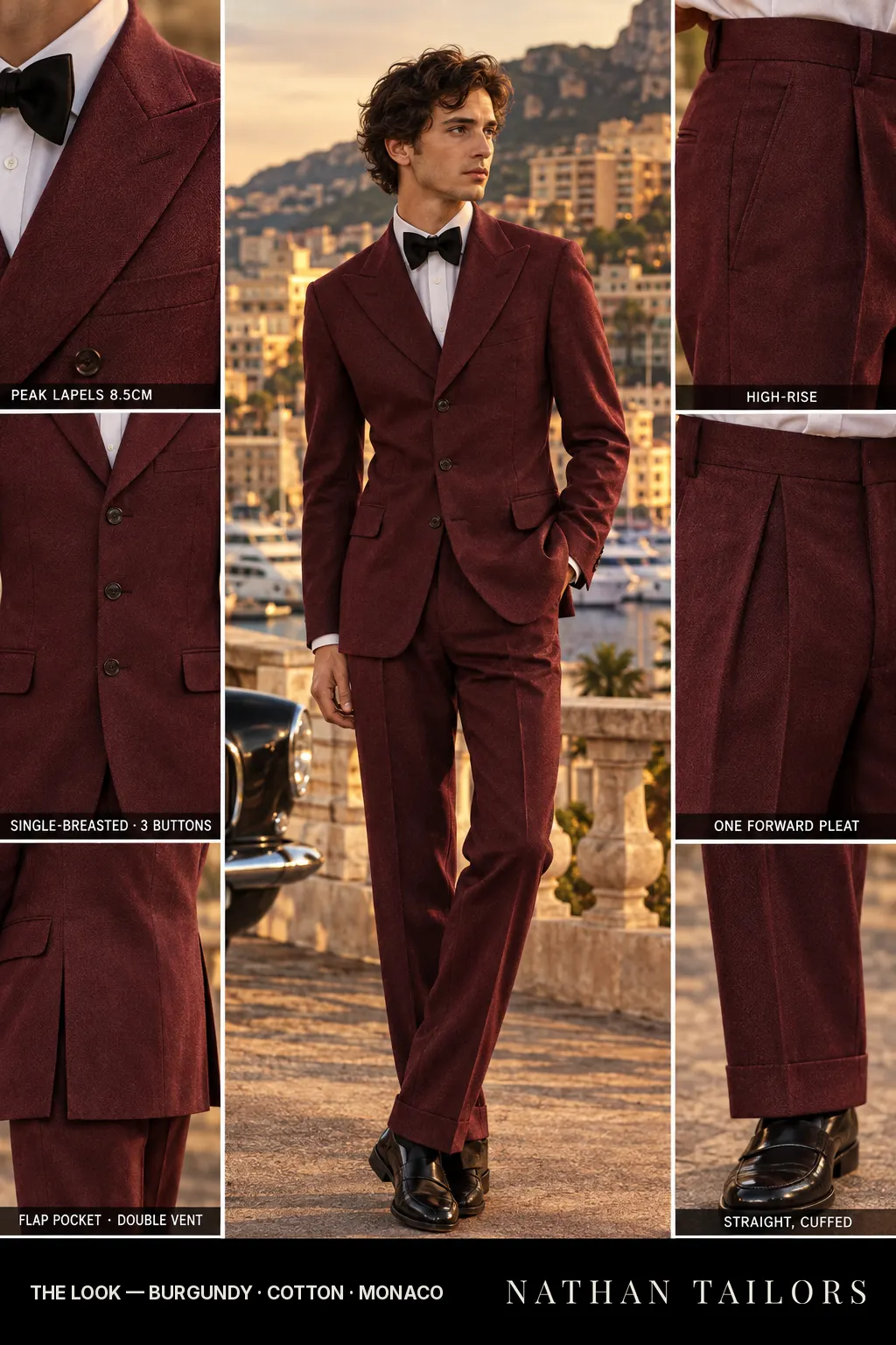 burgundy herringbone single-breasted peak-lapel bespoke suit โ AI-rendered by Nathan Tailors, the Hoi An custom tailor. Available as a custom tailored suit from $149.