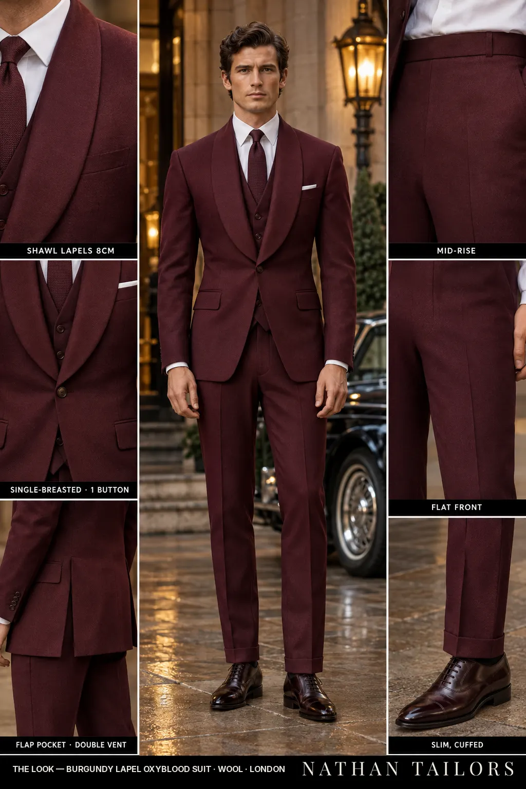 burgundy lapel oxyblood suit single-breasted bespoke suit โ custom tailored by Nathan Tailors, the Hoi An custom tailor