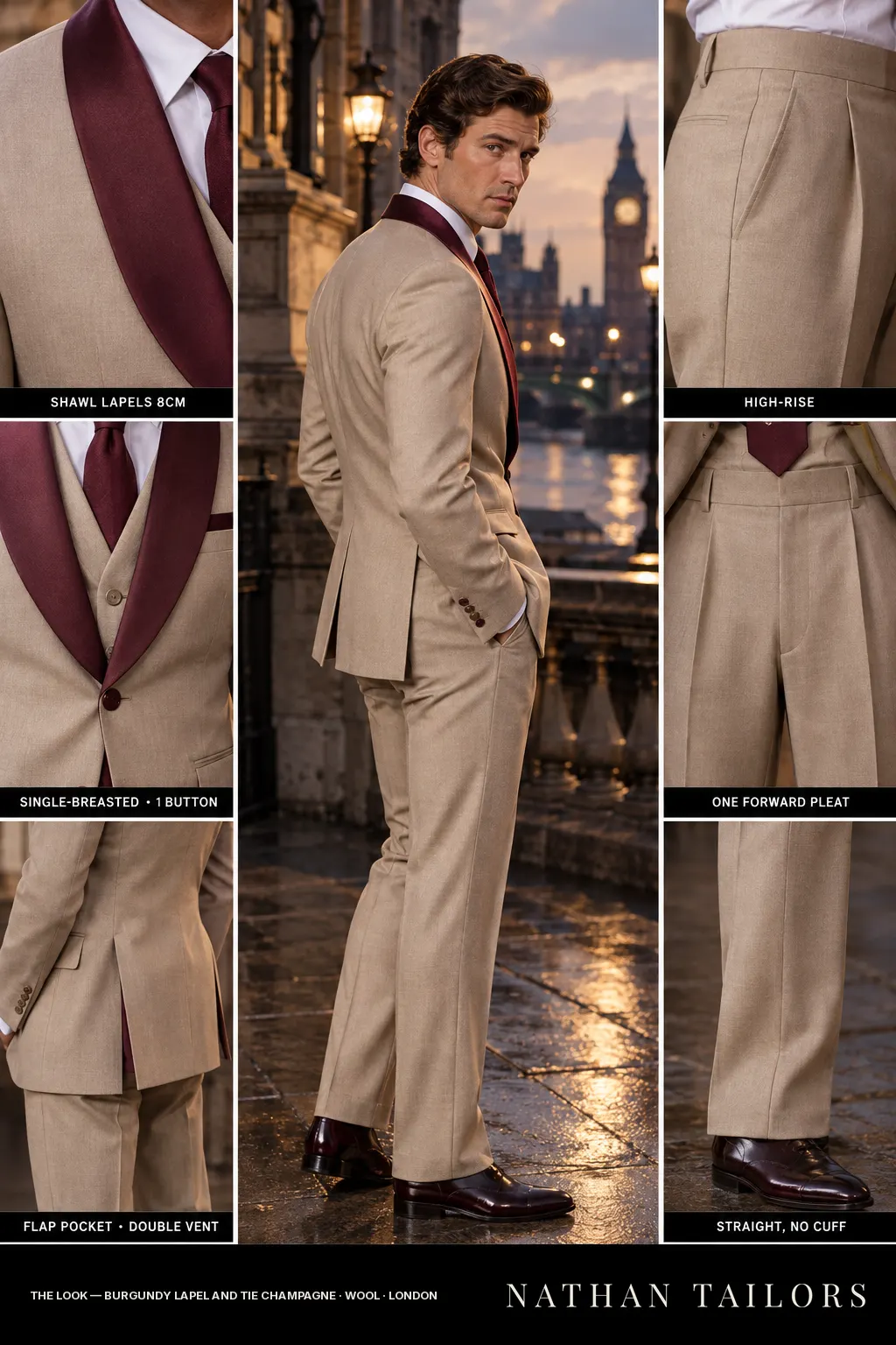 burgundy lapel and tie champagne single-breasted bespoke suit โ custom tailored by Nathan Tailors, the Hoi An custom tailor