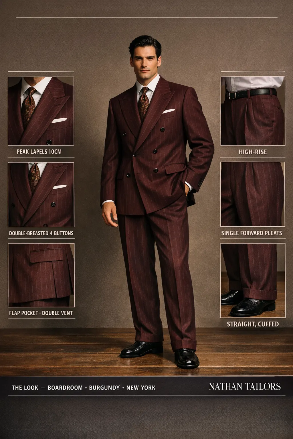 burgundy pinstripe double-breasted peak-lapel bespoke suit — AI-rendered by Nathan Tailors, the Hoi An custom tailor. Available as a custom tailored suit from $149.