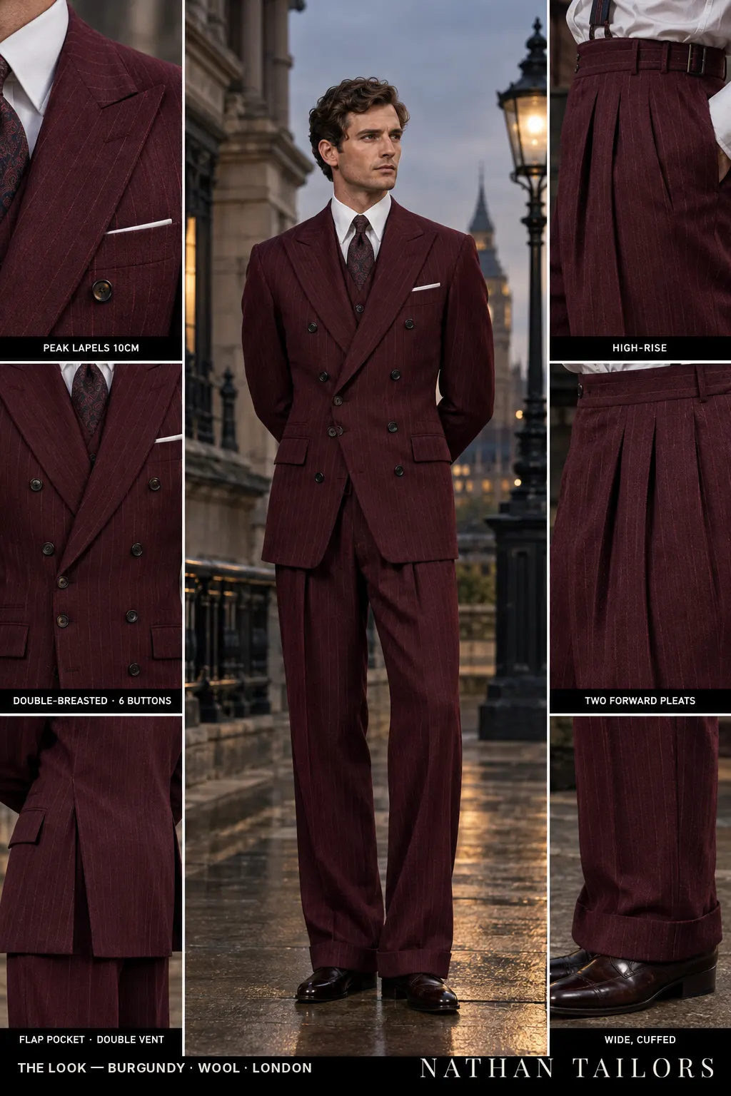 burgundy pinstripe double-breasted bespoke suit โ custom tailored by Nathan Tailors, the Hoi An custom tailor