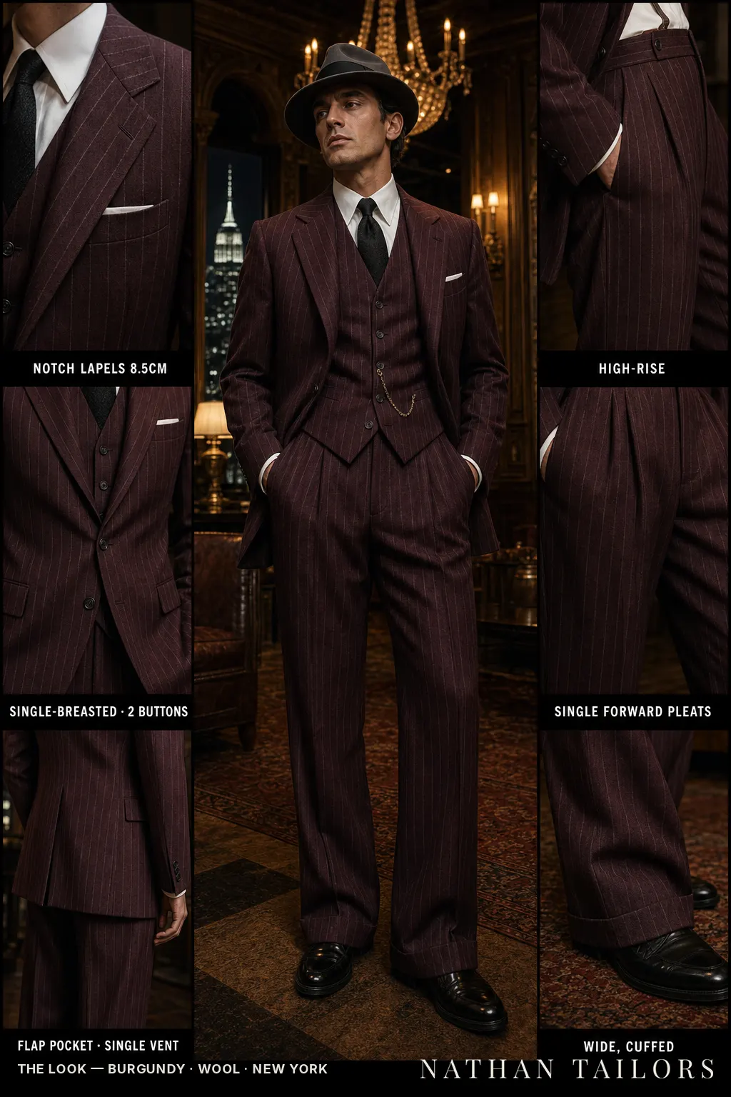 burgundy pinstripe single-breasted notch-lapel bespoke suit โ AI-rendered by Nathan Tailors, the Hoi An custom tailor. Available as a custom tailored suit from $149.