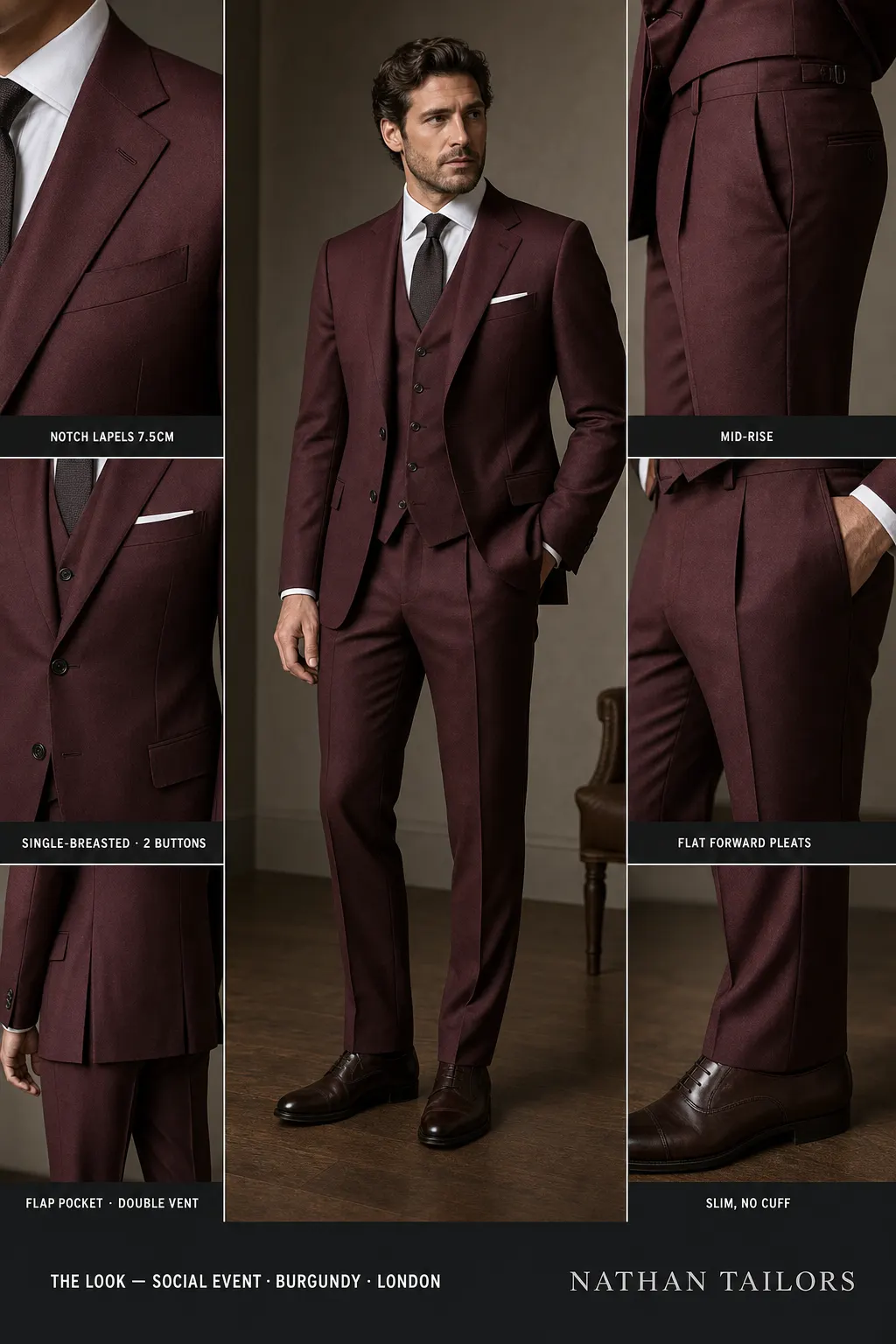 burgundy single-breasted notch-lapel bespoke suit โ AI-rendered by Nathan Tailors, the Hoi An custom tailor. Available as a custom tailored suit from $149.