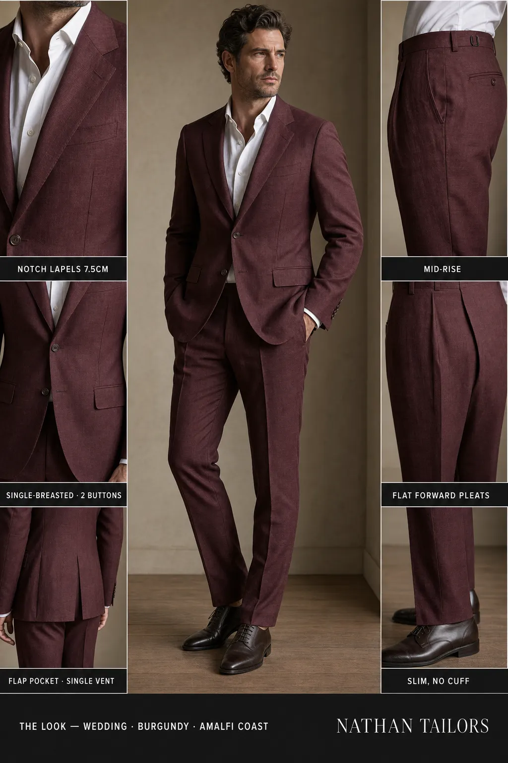 burgundy single-breasted notch-lapel bespoke suit — AI-rendered by Nathan Tailors, the Hoi An custom tailor. Available as a custom tailored suit from $149.