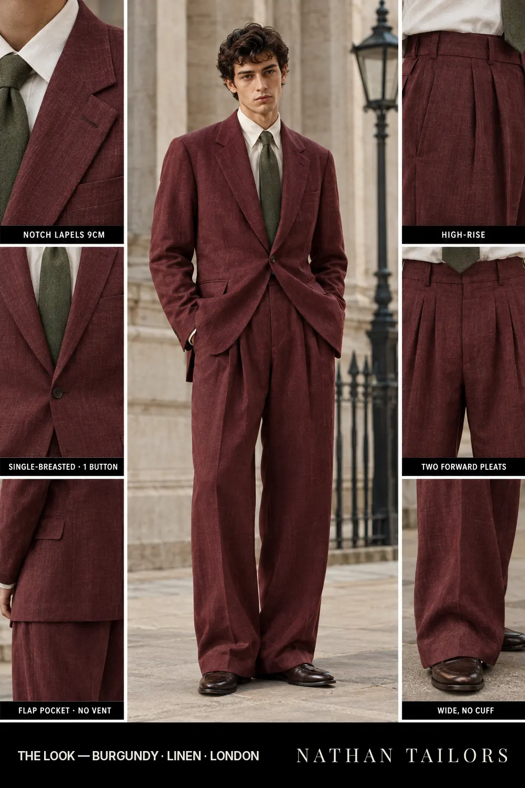 burgundy single-breasted bespoke suit — custom tailored by Nathan Tailors, the Hoi An custom tailor