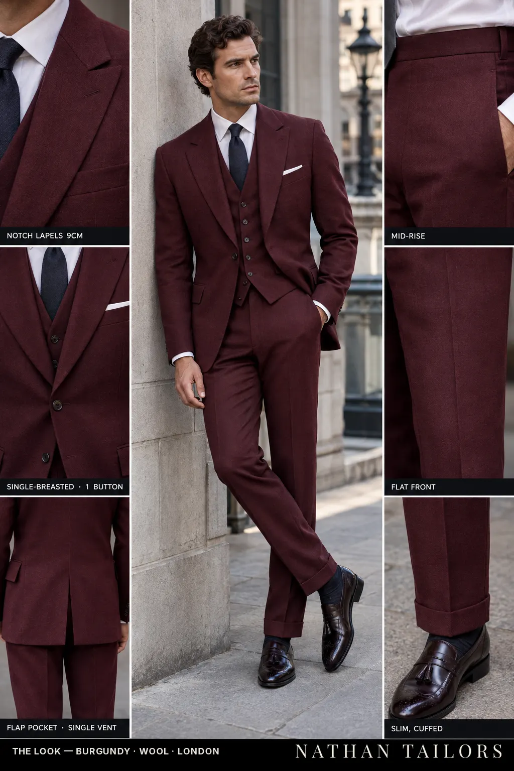 burgundy single-breasted notch-lapel bespoke suit — AI-rendered by Nathan Tailors, the Hoi An custom tailor. Available as a custom tailored suit from $149.