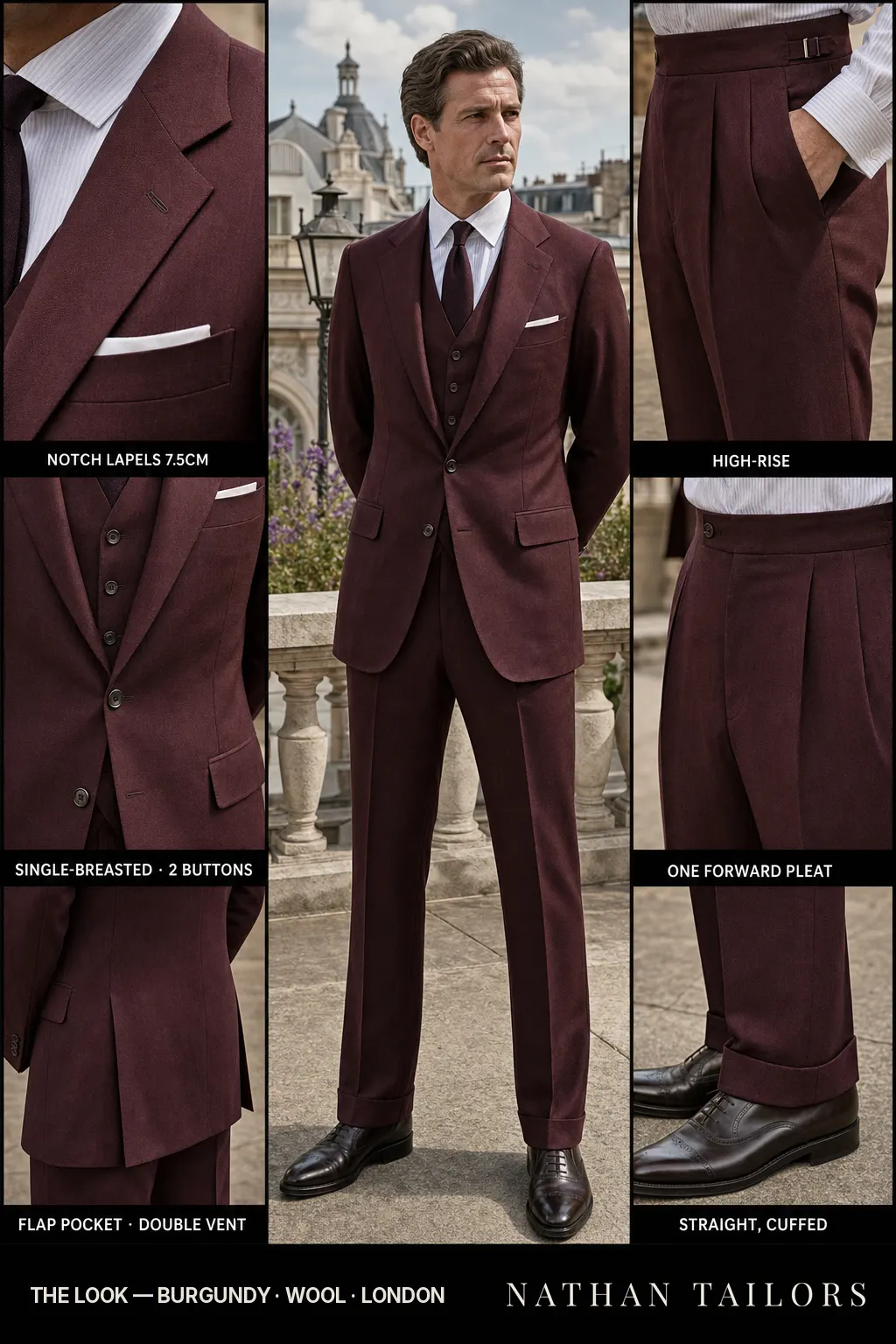 burgundy single-breasted notch-lapel bespoke suit — AI-rendered by Nathan Tailors, the Hoi An custom tailor. Available as a custom tailored suit from $169.