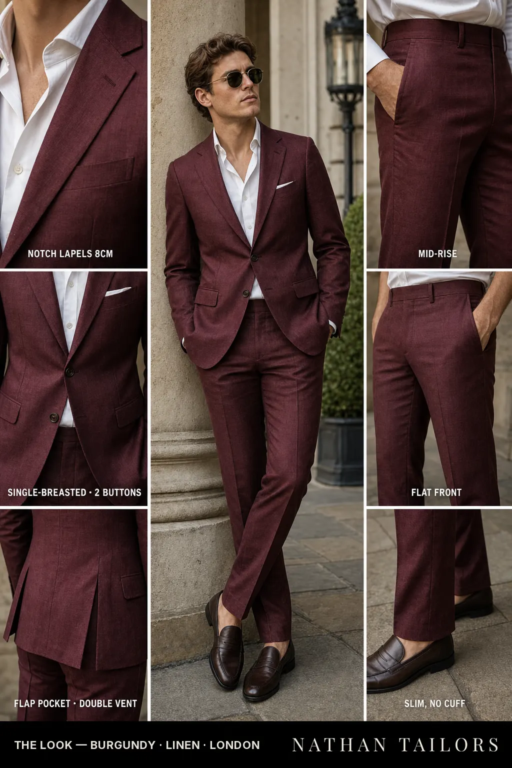 burgundy single-breasted notch-lapel bespoke suit — AI-rendered by Nathan Tailors, the Hoi An custom tailor. Available as a custom tailored suit from $149.