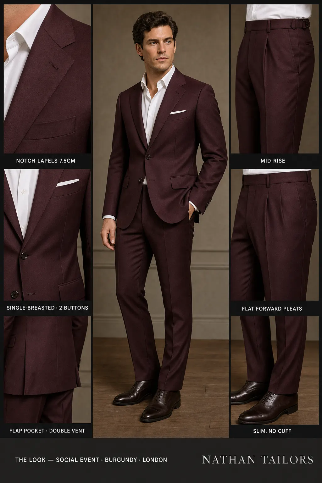 burgundy single-breasted notch-lapel bespoke suit โ AI-rendered by Nathan Tailors, the Hoi An custom tailor. Available as a custom tailored suit from $149.