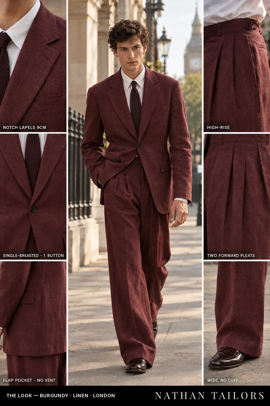 burgundy single-breasted bespoke suit — custom tailored by Nathan Tailors, the Hoi An custom tailor