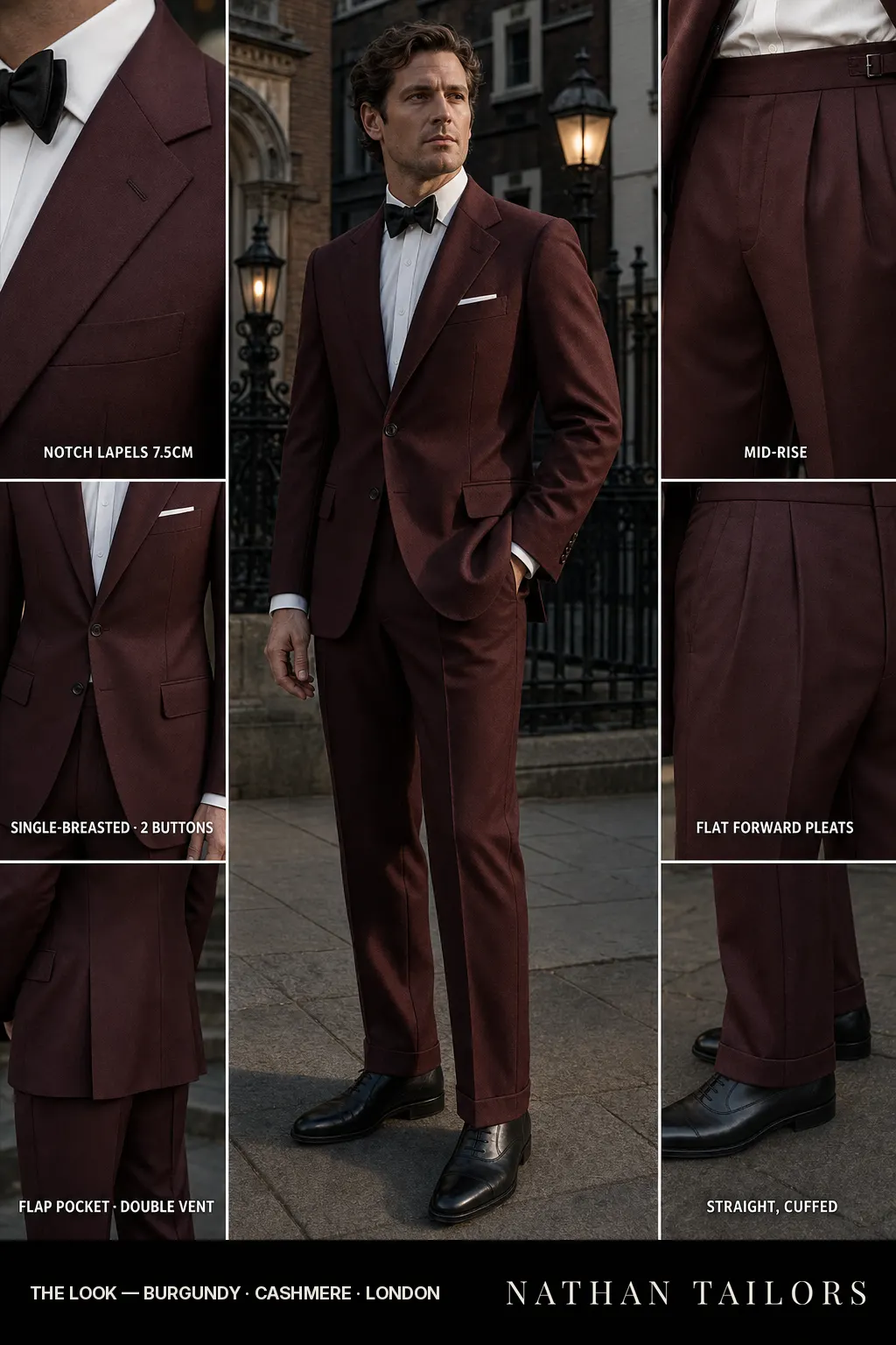 burgundy single-breasted notch-lapel bespoke suit — AI-rendered by Nathan Tailors, the Hoi An custom tailor. Available as a custom tailored suit from $149.