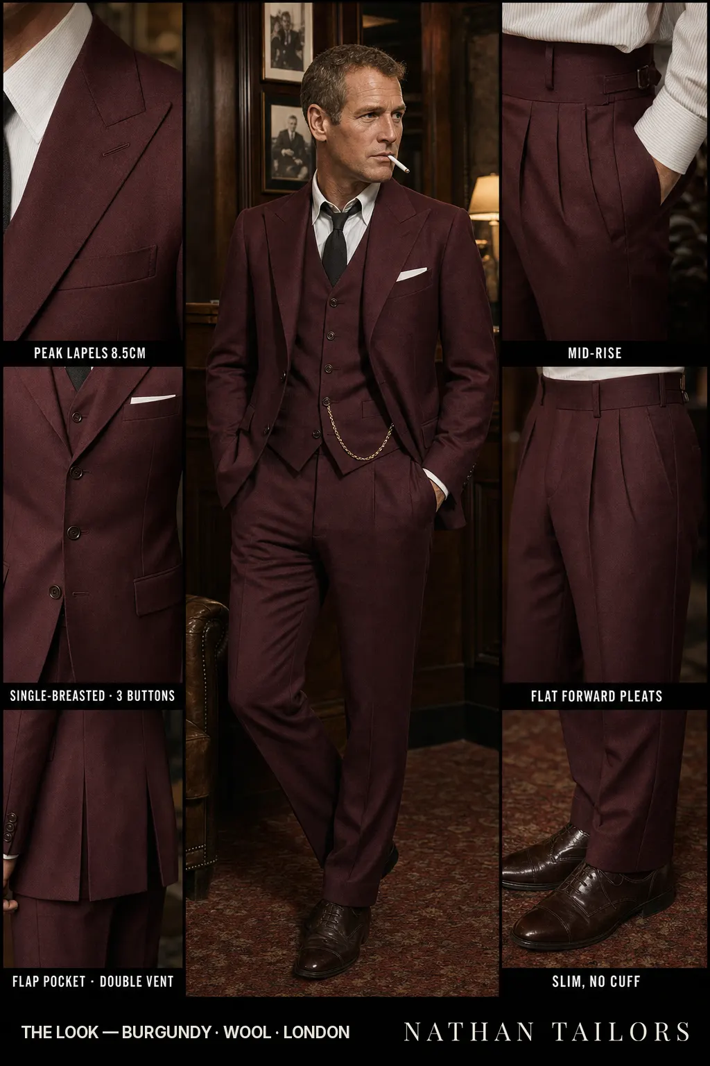 burgundy single-breasted peak-lapel bespoke suit — AI-rendered by Nathan Tailors, the Hoi An custom tailor. Available as a custom tailored suit from $149.