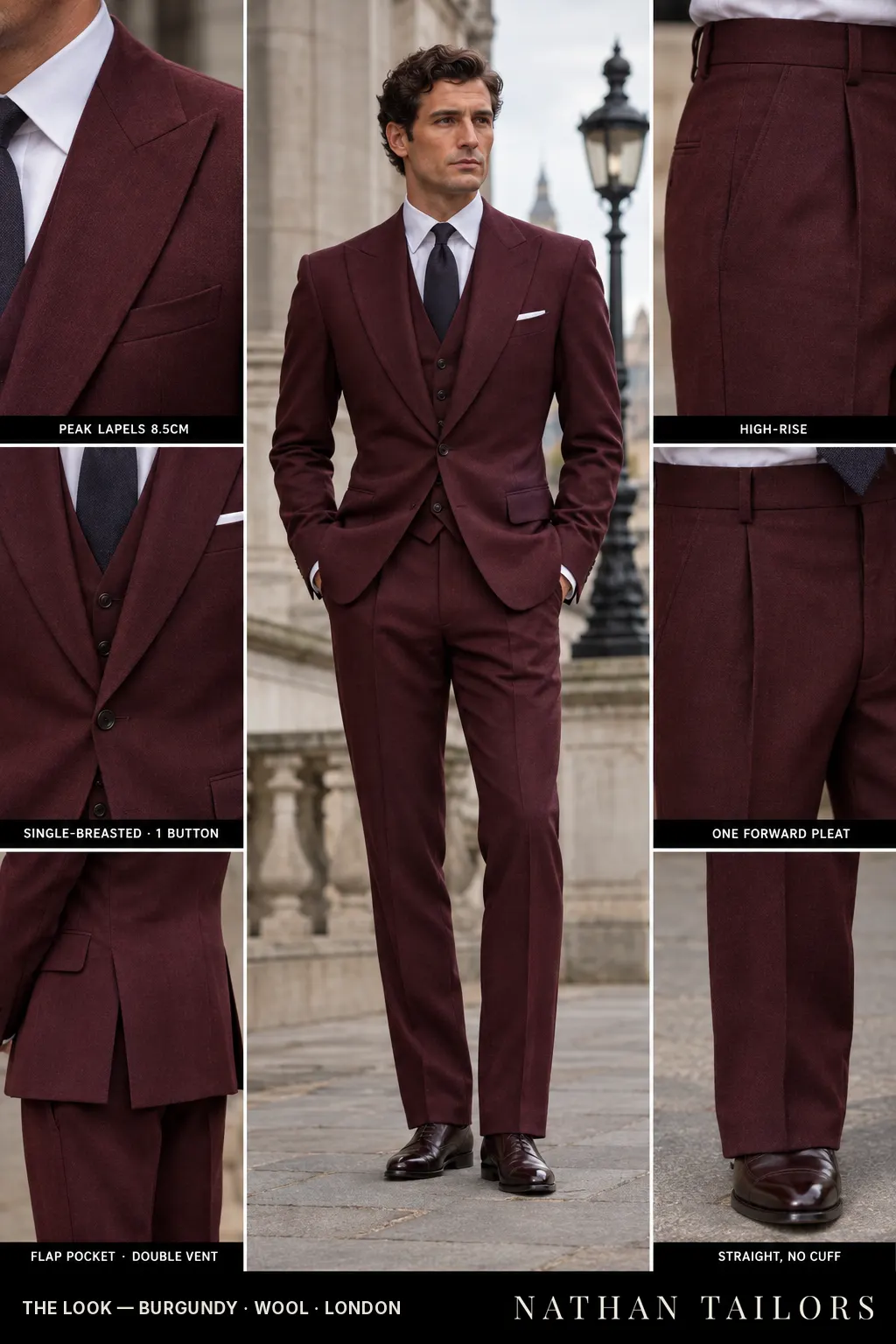 burgundy single-breasted peak-lapel bespoke suit — AI-rendered by Nathan Tailors, the Hoi An custom tailor. Available as a custom tailored suit from $169.