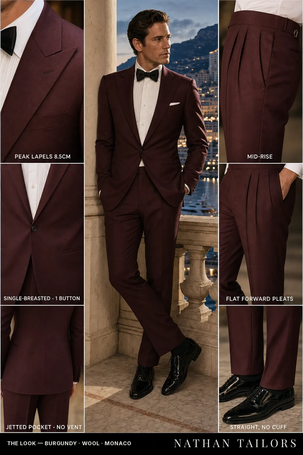 burgundy single-breasted peak-lapel bespoke suit โ AI-rendered by Nathan Tailors, the Hoi An custom tailor. Available as a custom tailored suit from $149.