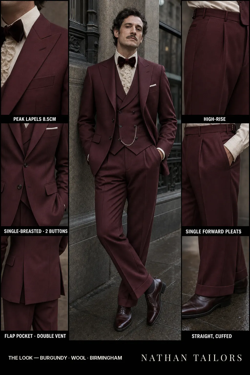 burgundy single-breasted peak-lapel bespoke suit — AI-rendered by Nathan Tailors, the Hoi An custom tailor. Available as a custom tailored suit from $149.