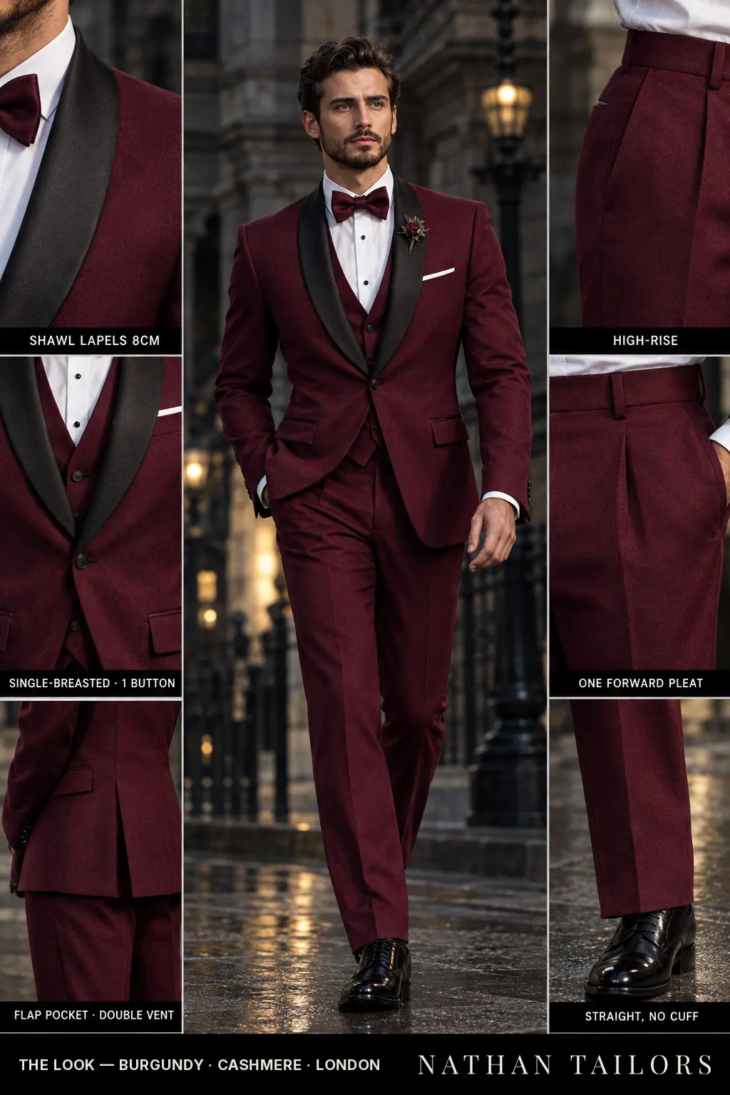 burgundy single-breasted bespoke suit โ custom tailored by Nathan Tailors, the Hoi An custom tailor