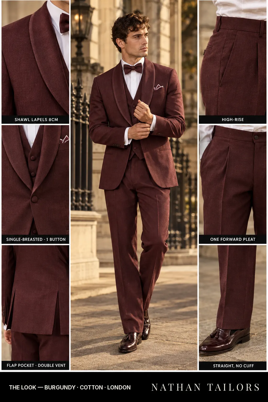 burgundy single-breasted bespoke suit — custom tailored by Nathan Tailors, the Hoi An custom tailor
