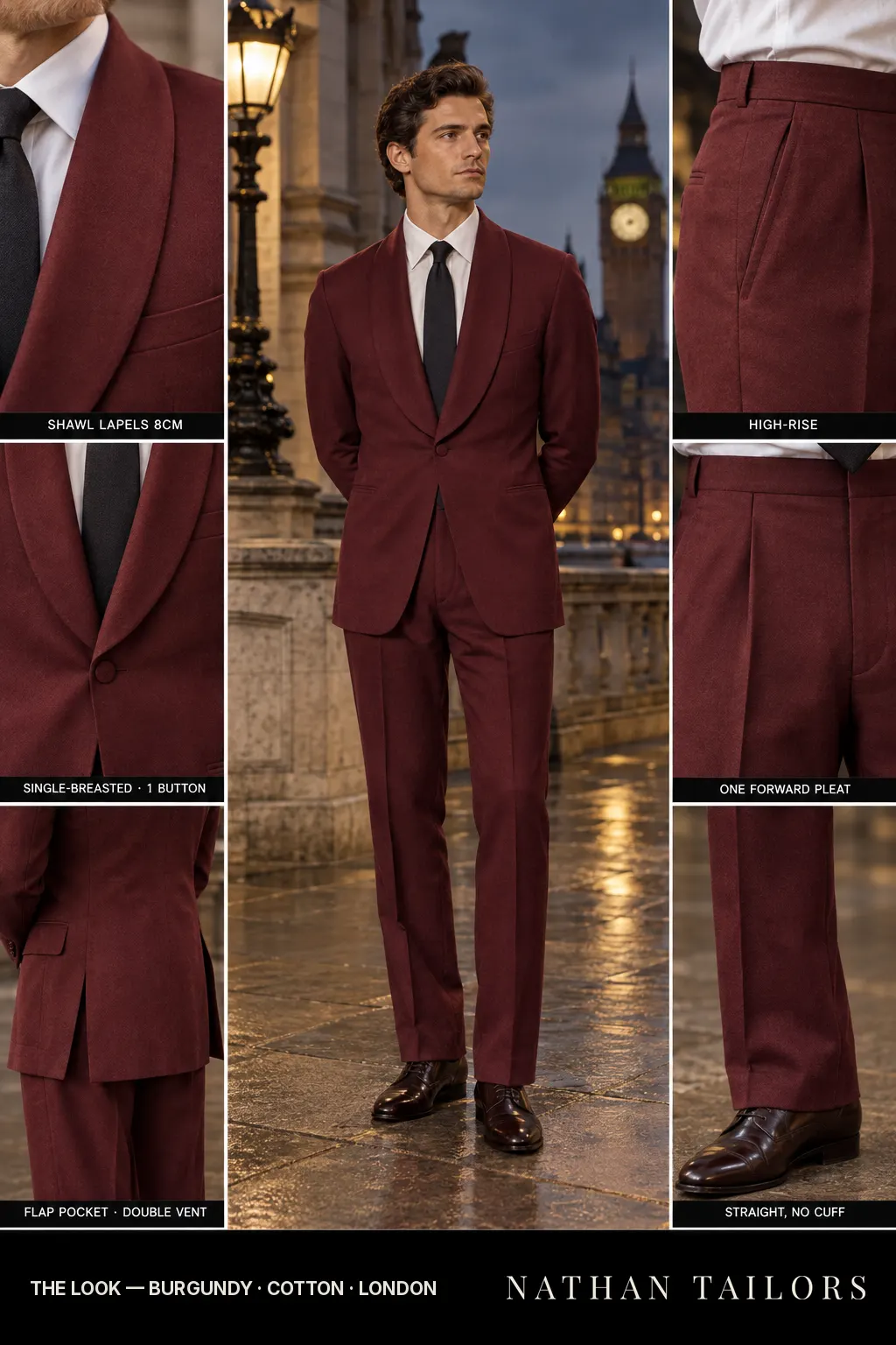 burgundy single-breasted bespoke suit โ custom tailored by Nathan Tailors, the Hoi An custom tailor