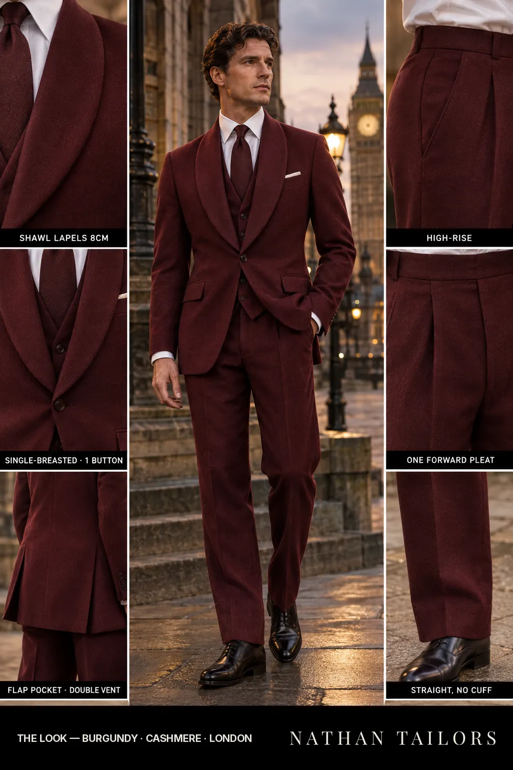 burgundy single-breasted bespoke suit โ custom tailored by Nathan Tailors, the Hoi An custom tailor