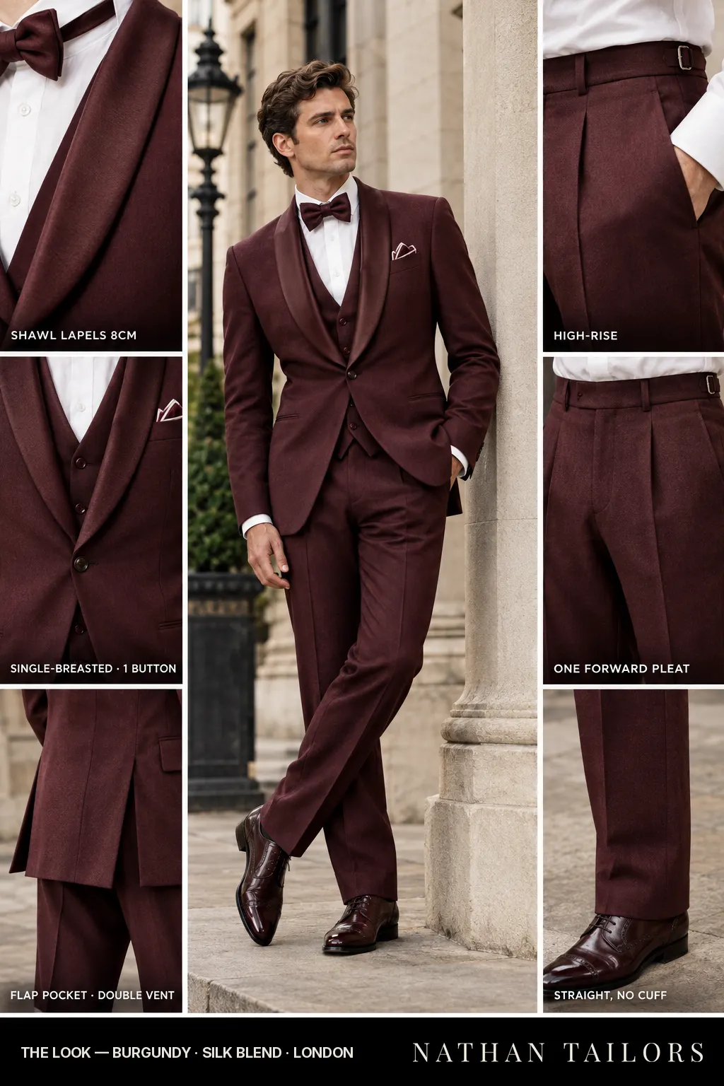 burgundy single-breasted bespoke suit — custom tailored by Nathan Tailors, the Hoi An custom tailor