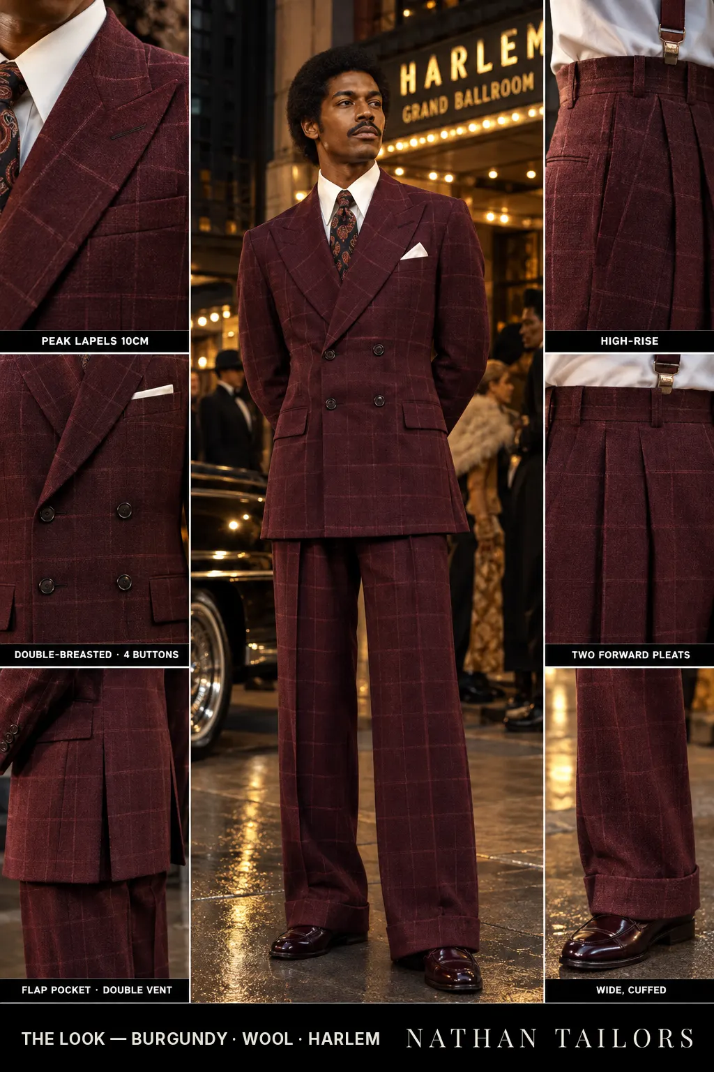 burgundy windowpane double-breasted bespoke suit — custom tailored by Nathan Tailors, the Hoi An custom tailor