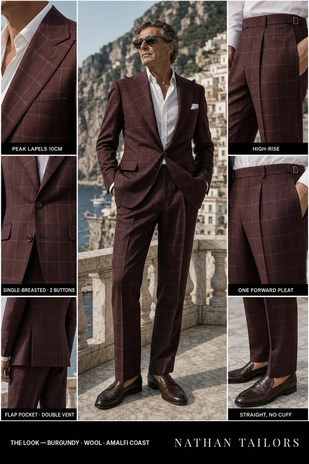 burgundy windowpane single-breasted peak-lapel bespoke suit — AI-rendered by Nathan Tailors, the Hoi An custom tailor. Available as a custom tailored suit from $149.