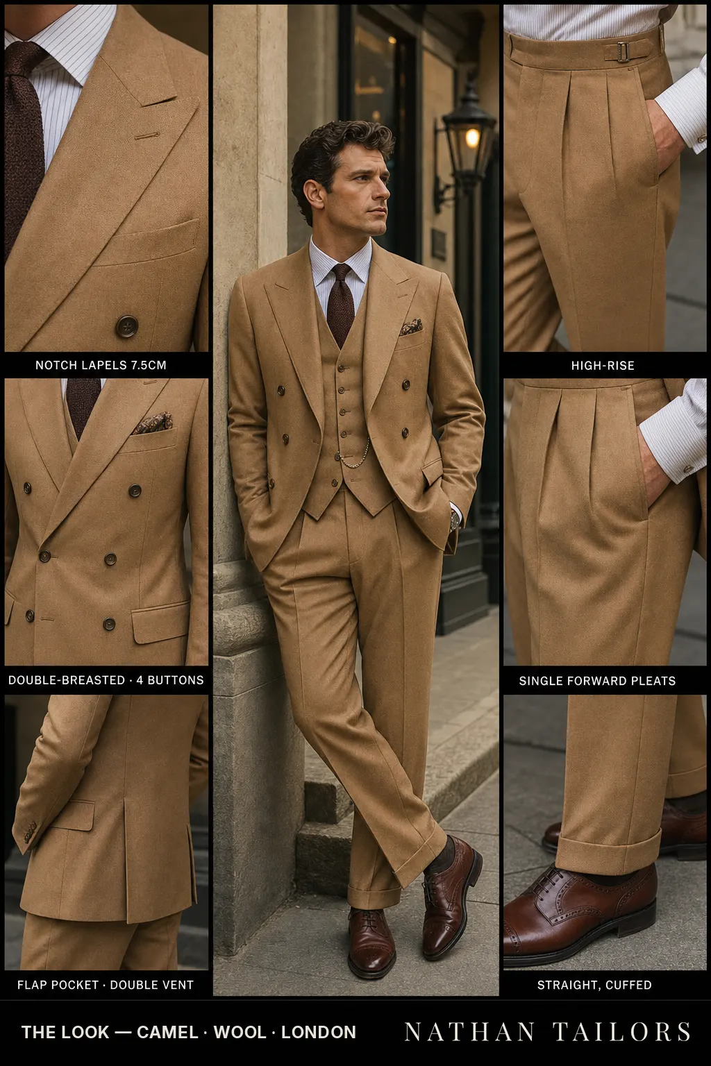 camel double-breasted notch-lapel bespoke suit โ AI-rendered by Nathan Tailors, the Hoi An custom tailor. Available as a custom tailored suit from $149.