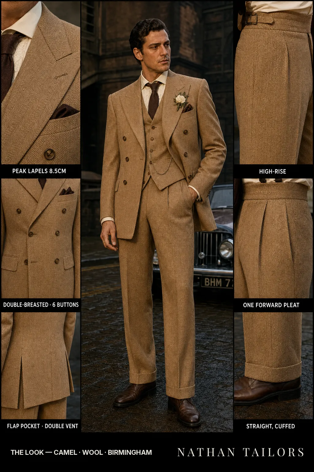 camel herringbone double-breasted peak-lapel bespoke suit โ AI-rendered by Nathan Tailors, the Hoi An custom tailor. Available as a custom tailored suit from $149.