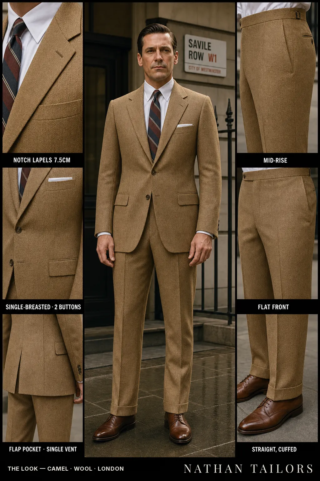 camel herringbone single-breasted notch-lapel bespoke suit — AI-rendered by Nathan Tailors, the Hoi An custom tailor. Available as a custom tailored suit from $149.