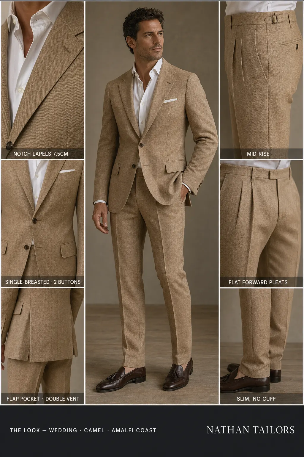 camel herringbone single-breasted notch-lapel bespoke suit — AI-rendered by Nathan Tailors, the Hoi An custom tailor. Available as a custom tailored suit from $149.