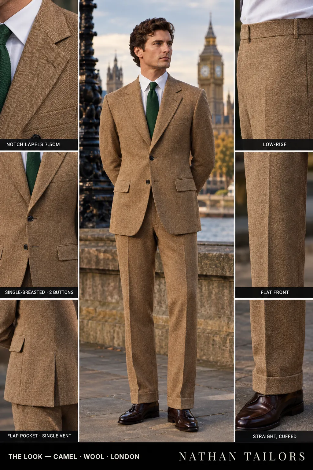 camel herringbone single-breasted notch-lapel bespoke suit โ AI-rendered by Nathan Tailors, the Hoi An custom tailor. Available as a custom tailored suit from $149.
