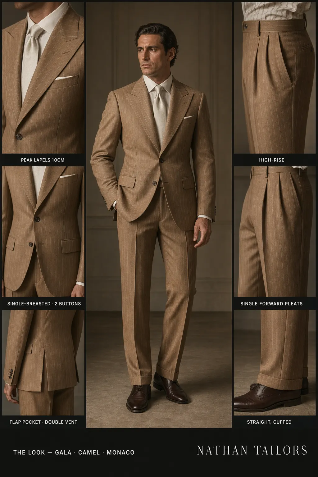 camel pinstripe single-breasted peak-lapel bespoke suit โ AI-rendered by Nathan Tailors, the Hoi An custom tailor. Available as a custom tailored suit from $149.