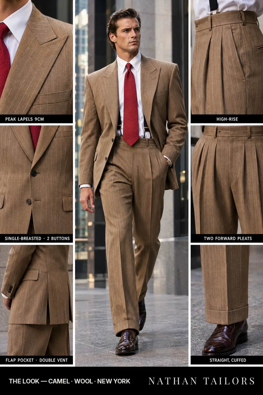 camel pinstripe single-breasted bespoke suit — custom tailored by Nathan Tailors, the Hoi An custom tailor