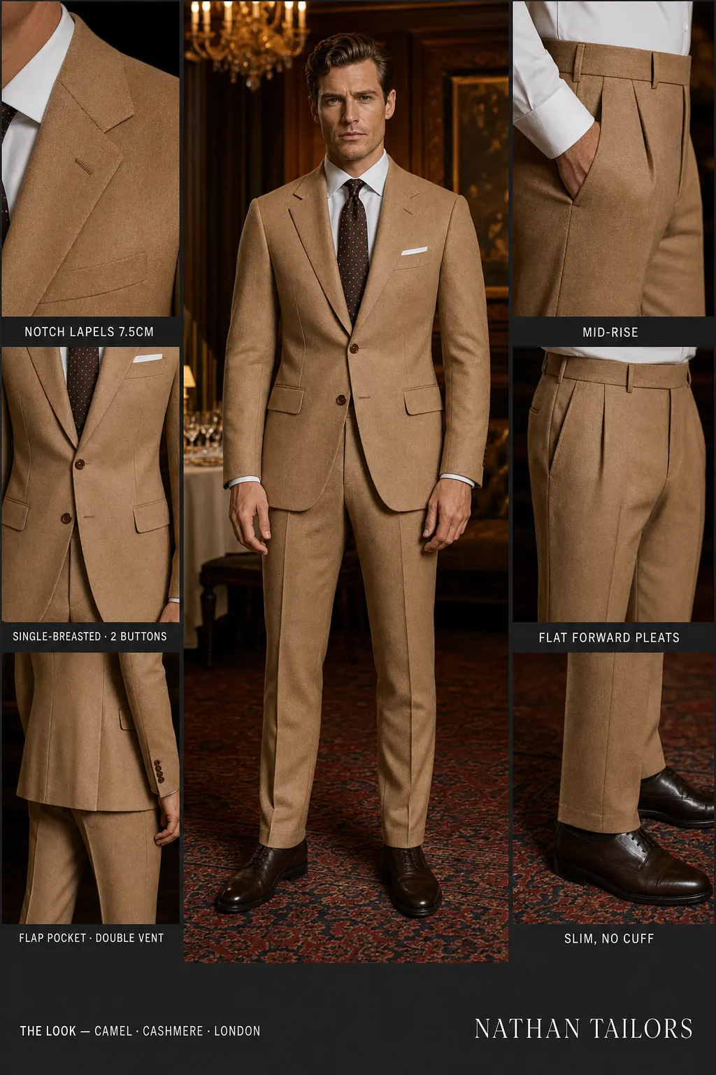 camel single-breasted notch-lapel bespoke suit — AI-rendered by Nathan Tailors, the Hoi An custom tailor. Available as a custom tailored suit from $169.