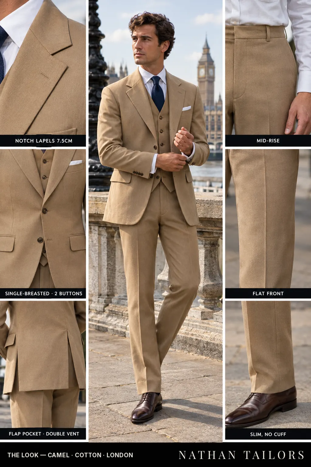 camel single-breasted bespoke suit — custom tailored by Nathan Tailors, the Hoi An custom tailor