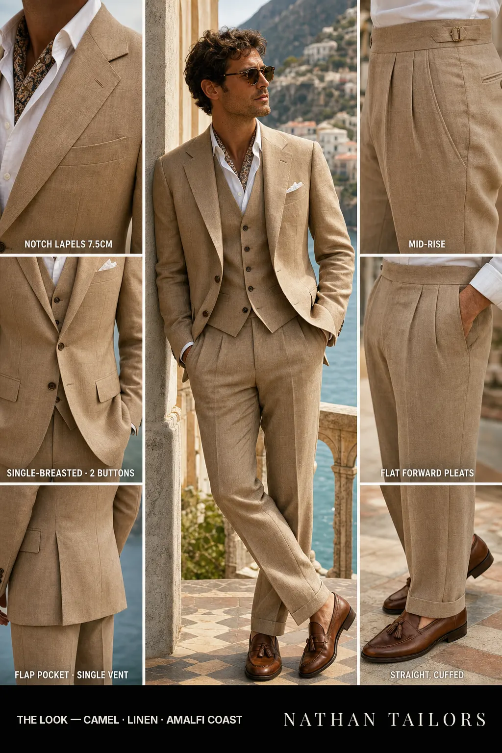 camel single-breasted notch-lapel bespoke suit — AI-rendered by Nathan Tailors, the Hoi An custom tailor. Available as a custom tailored suit from $149.