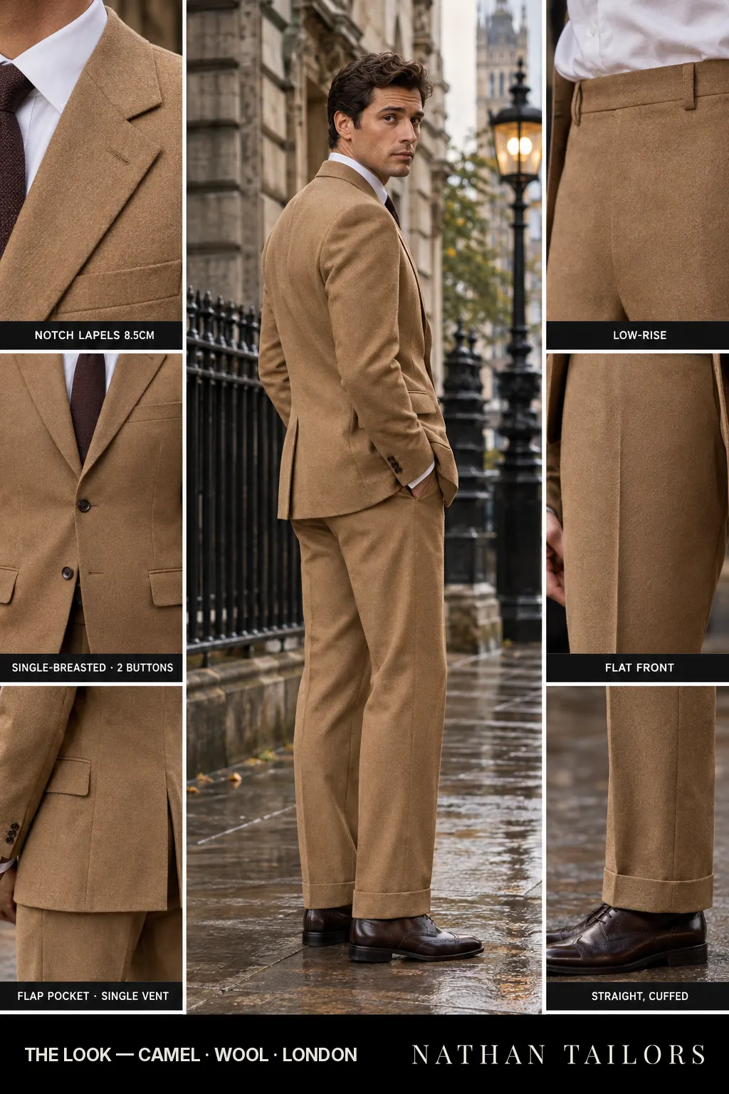 camel single-breasted notch-lapel bespoke suit โ AI-rendered by Nathan Tailors, the Hoi An custom tailor. Available as a custom tailored suit from $149.
