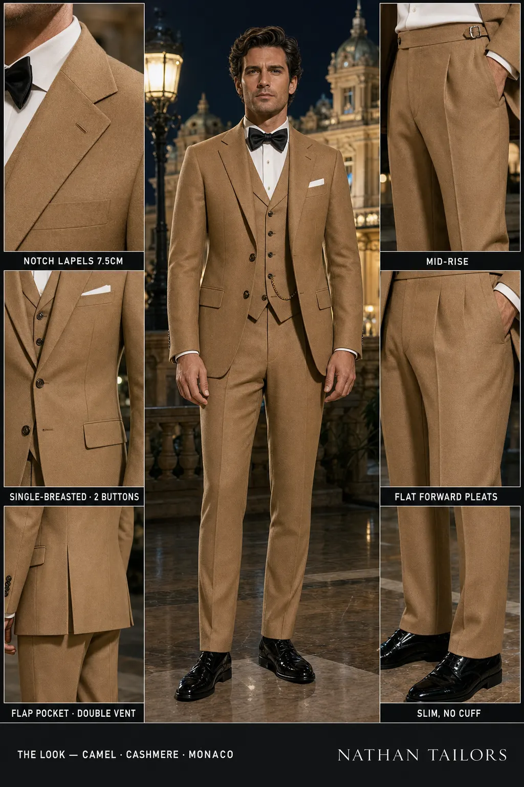 camel single-breasted notch-lapel bespoke suit — AI-rendered by Nathan Tailors, the Hoi An custom tailor. Available as a custom tailored suit from $149.