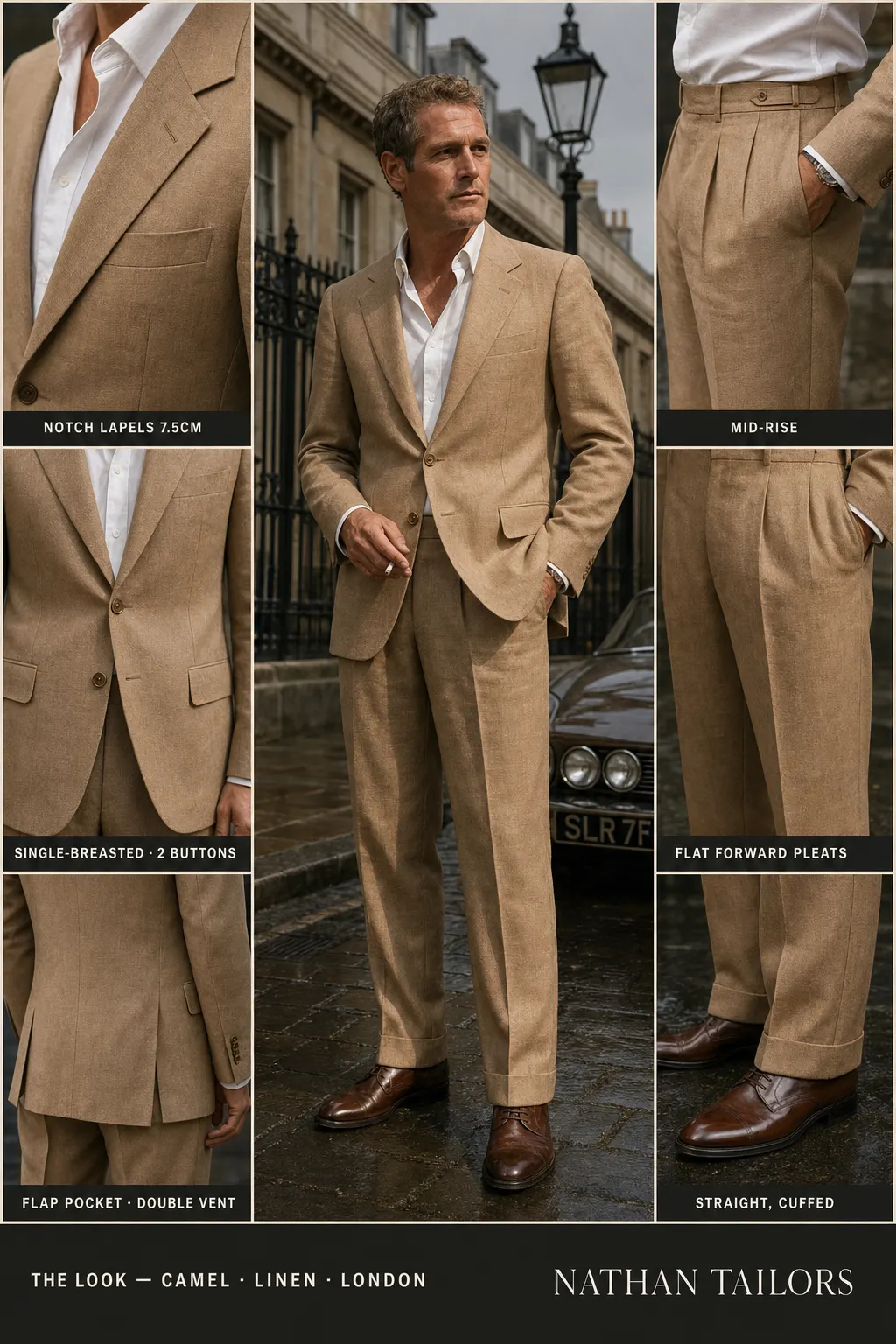 camel single-breasted notch-lapel bespoke suit — AI-rendered by Nathan Tailors, the Hoi An custom tailor. Available as a custom tailored suit from $169.