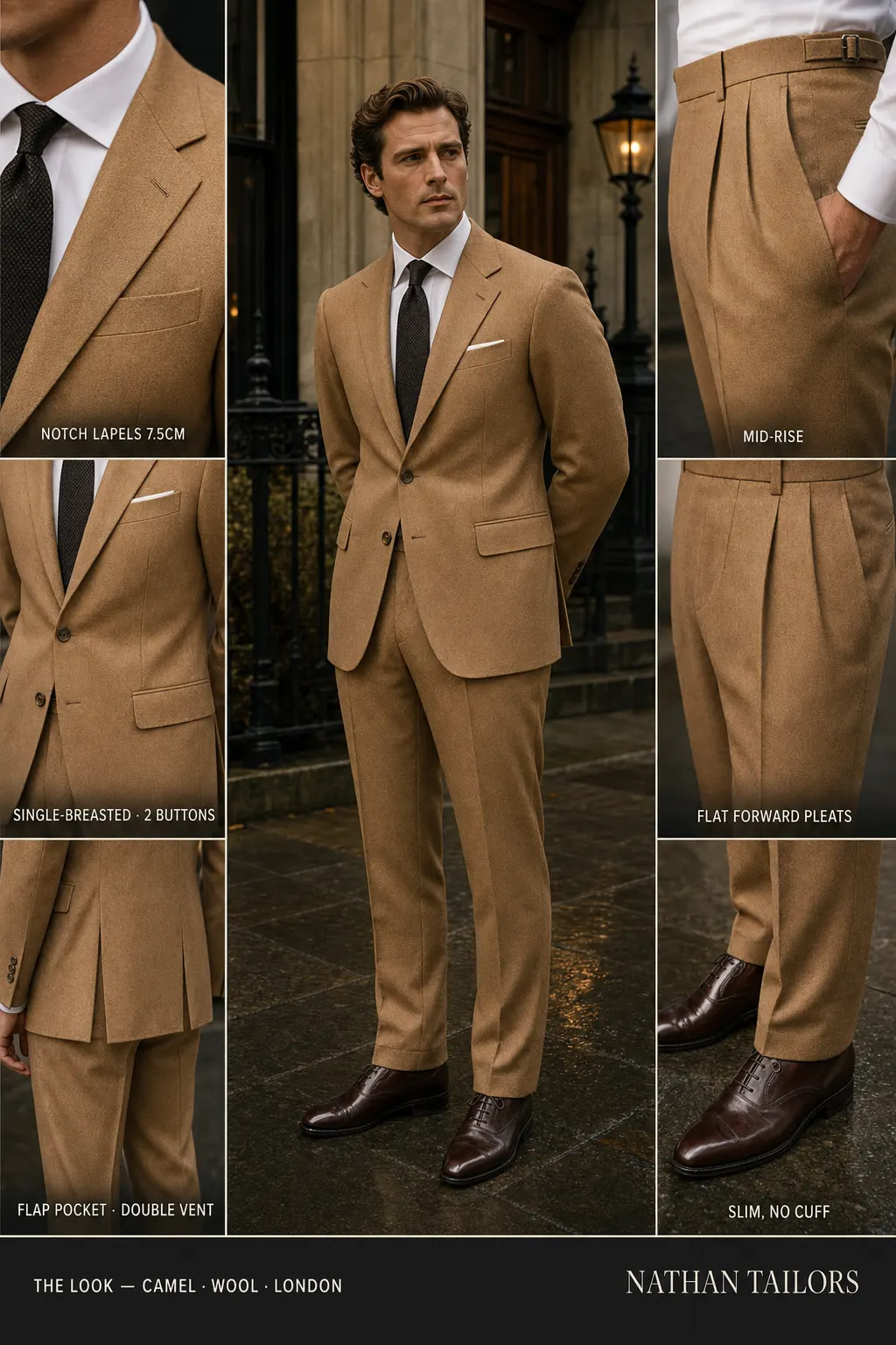 camel single-breasted notch-lapel bespoke suit โ AI-rendered by Nathan Tailors, the Hoi An custom tailor. Available as a custom tailored suit from $169.