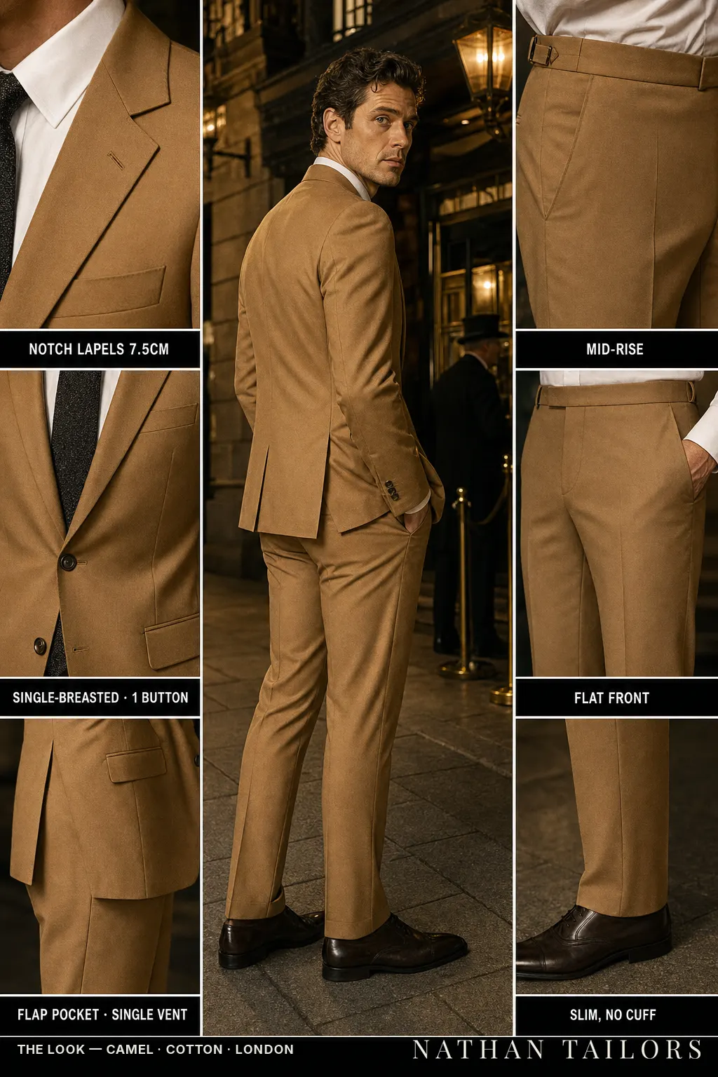 camel single-breasted bespoke suit — custom tailored by Nathan Tailors, the Hoi An custom tailor
