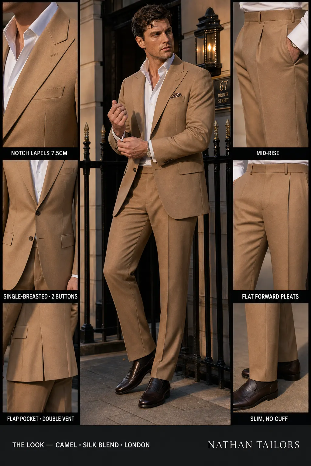 camel single-breasted notch-lapel bespoke suit โ AI-rendered by Nathan Tailors, the Hoi An custom tailor. Available as a custom tailored suit from $169.