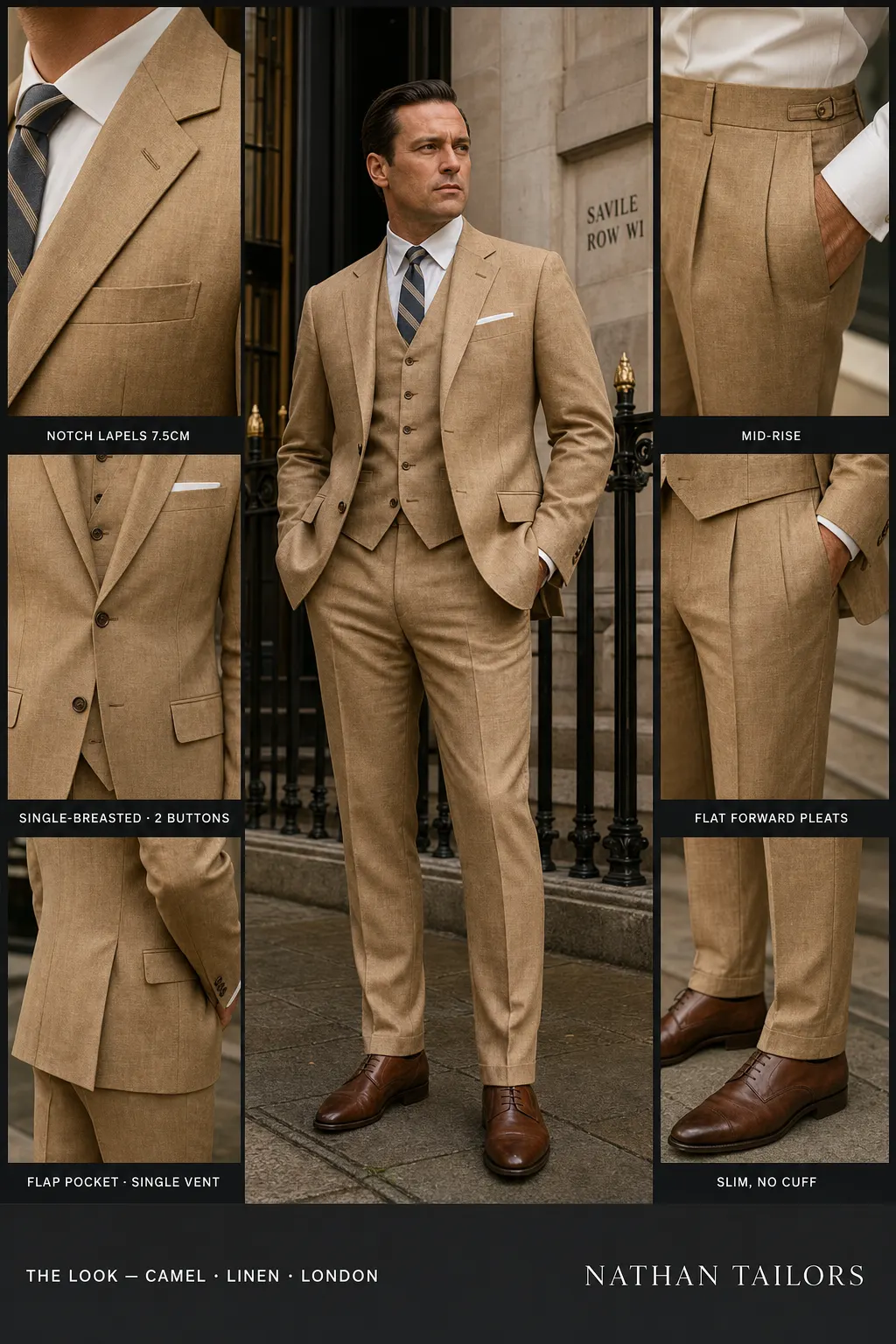 camel single-breasted notch-lapel bespoke suit — AI-rendered by Nathan Tailors, the Hoi An custom tailor. Available as a custom tailored suit from $149.