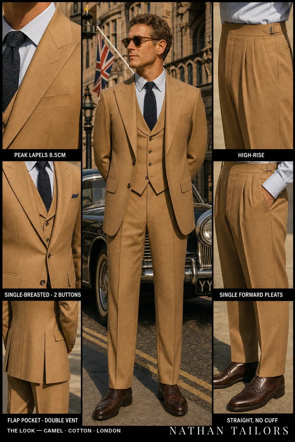 camel single-breasted peak-lapel bespoke suit — AI-rendered by Nathan Tailors, the Hoi An custom tailor. Available as a custom tailored suit from $149.
