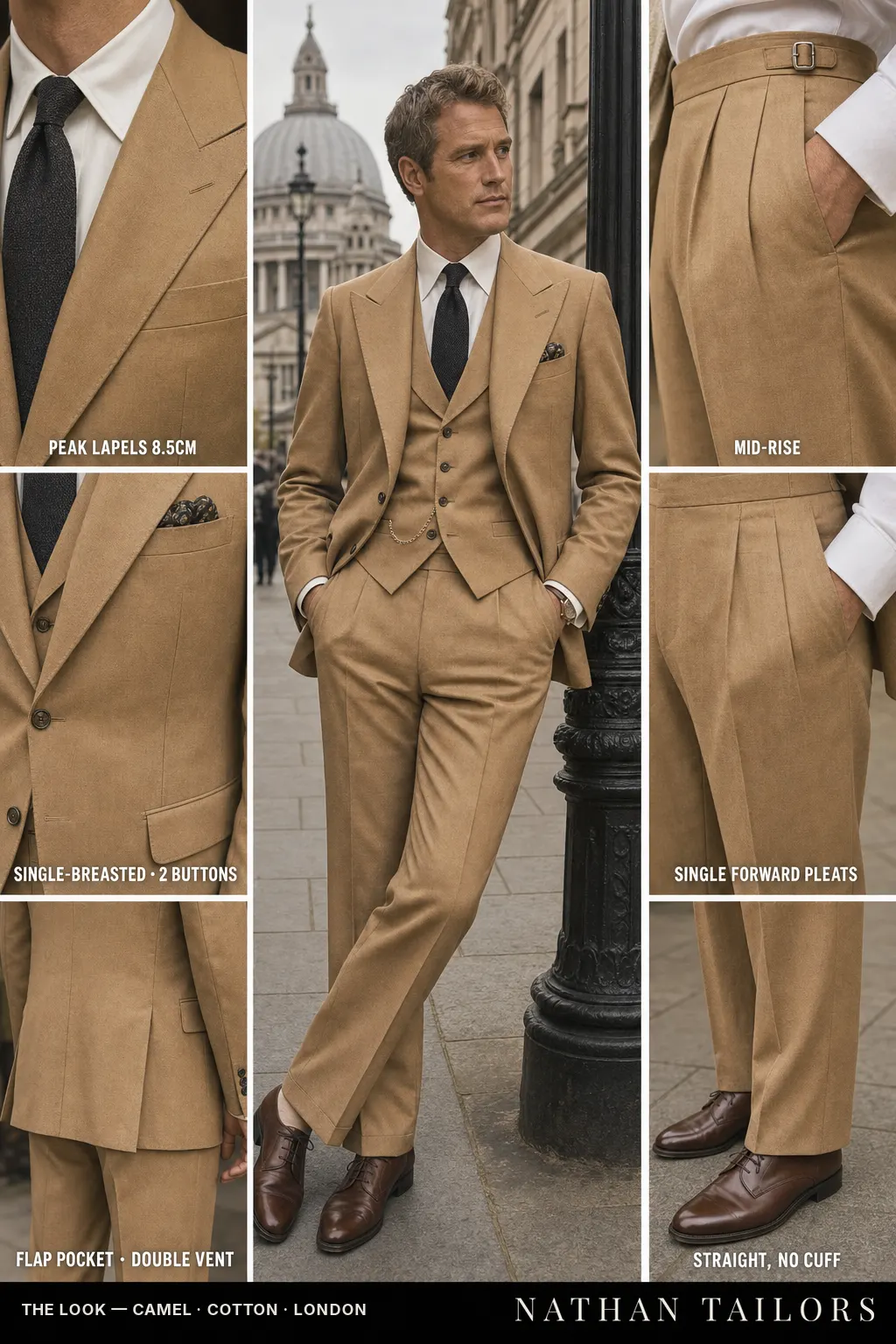 camel single-breasted peak-lapel bespoke suit — AI-rendered by Nathan Tailors, the Hoi An custom tailor. Available as a custom tailored suit from $149.