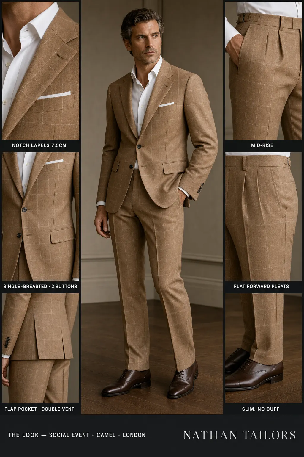 camel windowpane single-breasted notch-lapel bespoke suit โ AI-rendered by Nathan Tailors, the Hoi An custom tailor. Available as a custom tailored suit from $149.