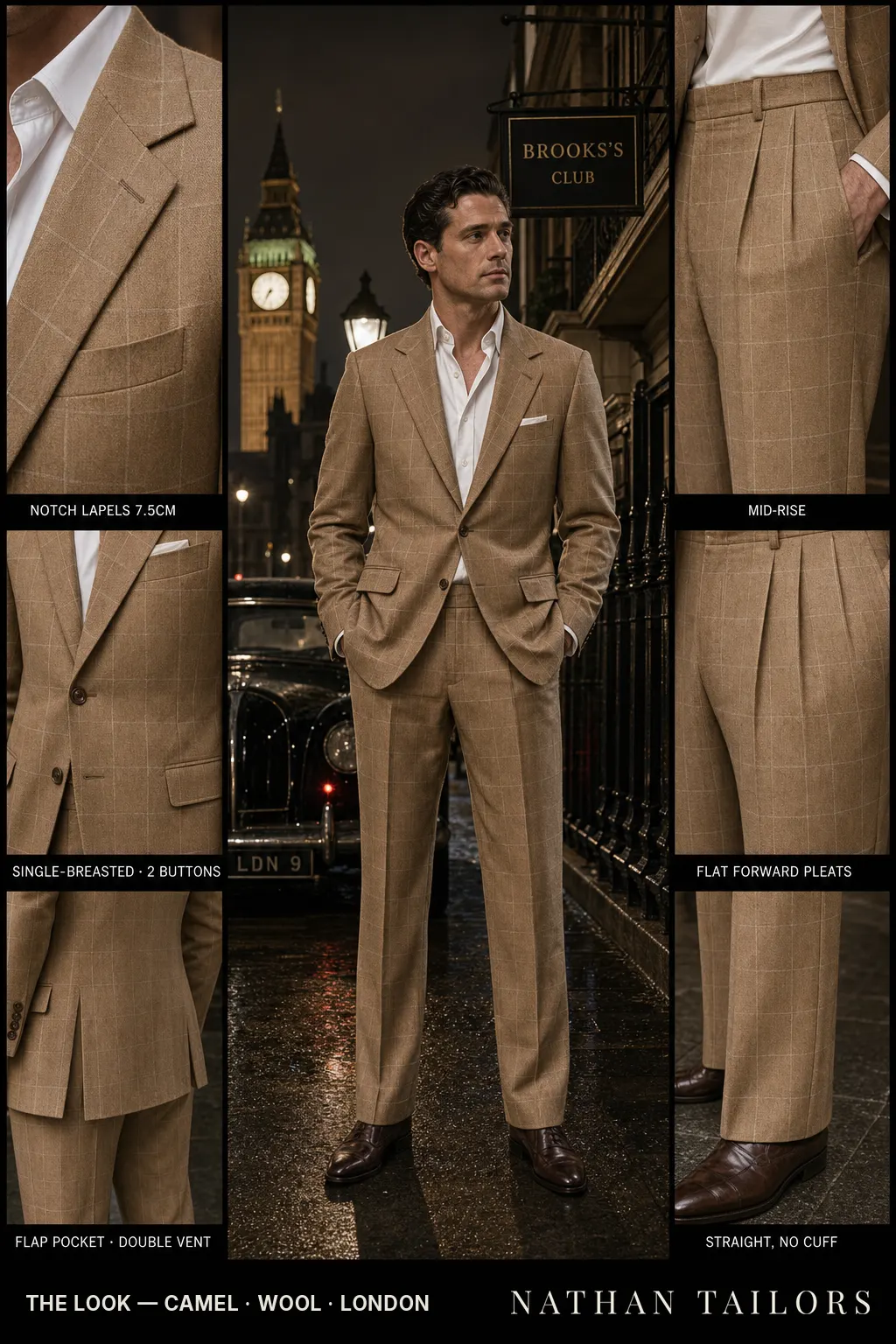 camel windowpane single-breasted notch-lapel bespoke suit โ AI-rendered by Nathan Tailors, the Hoi An custom tailor. Available as a custom tailored suit from $149.